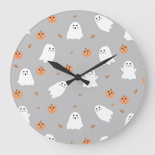 Cute Ghost & Pumpkin Gray Halloween Pattern Large Clock (Front)