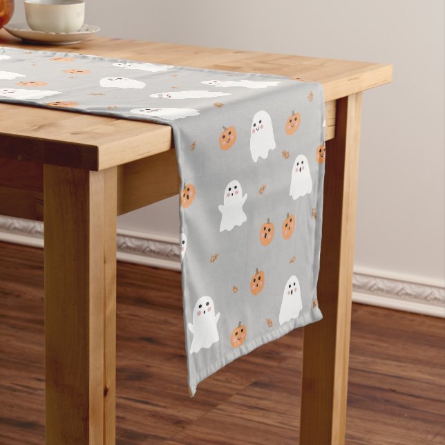 Cute Ghost & Pumpkin Gray Halloween Pattern Long Table Runner (In Situ)