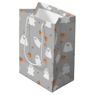 Cute Ghost & Pumpkin Gray Halloween Pattern Medium Gift Bag