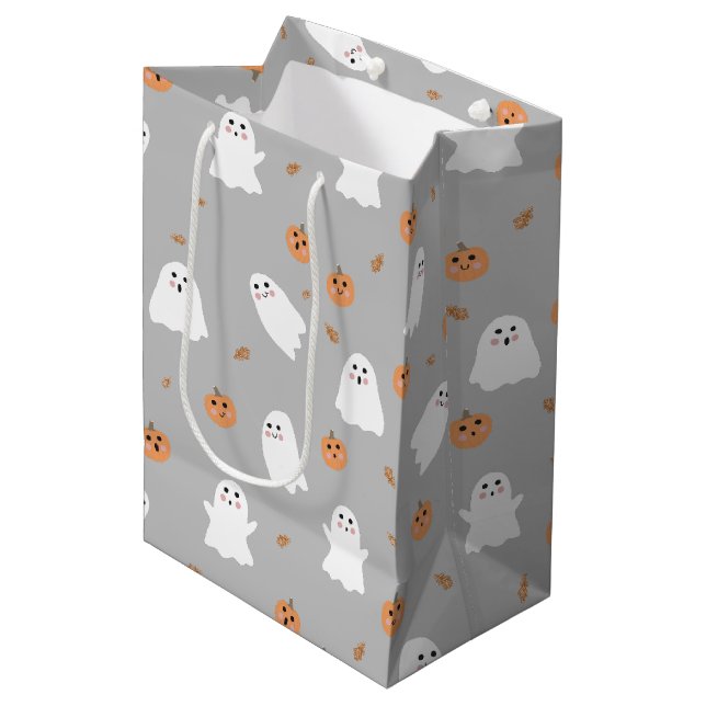 Cute Ghost & Pumpkin Gray Halloween Pattern Medium Gift Bag (Front Angled)