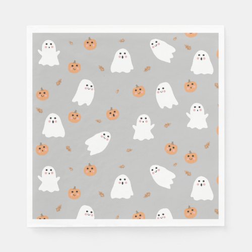 Cute Ghost  Pumpkin Gray Halloween Pattern Napkins