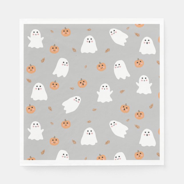 Cute Ghost & Pumpkin Gray Halloween Pattern Napkins (Front)