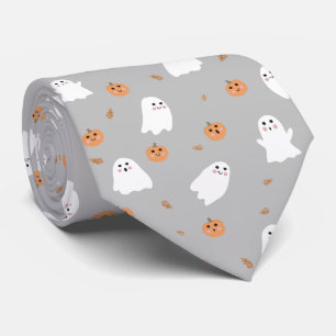 Cute Ghost & Pumpkin Gray Halloween Pattern Neck Tie