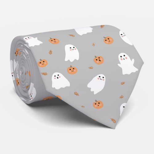 Cute Ghost  Pumpkin Gray Halloween Pattern Neck Tie