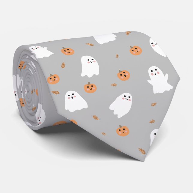 Cute Ghost & Pumpkin Gray Halloween Pattern Neck Tie (Rolled)