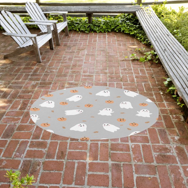 Cute Ghost & Pumpkin Gray Halloween Pattern Outdoor Rug (Insitu (Outdoor 3))