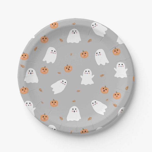 Cute Ghost & Pumpkin Gray Halloween Pattern Paper Plates (Front)