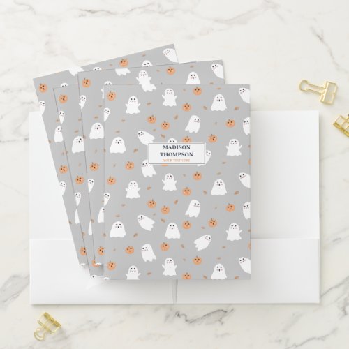 Cute Ghost  Pumpkin Gray Halloween Pattern Pocket Folder