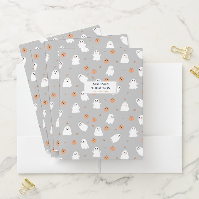 Cute Ghost & Pumpkin Gray Halloween Pattern Pocket Folder (In Situ)