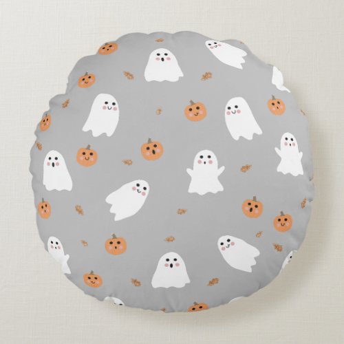 Cute Ghost  Pumpkin Gray Halloween Pattern Round Pillow