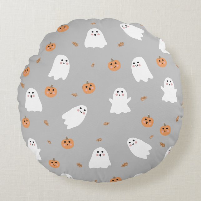 Cute Ghost & Pumpkin Gray Halloween Pattern Round Pillow (Front)