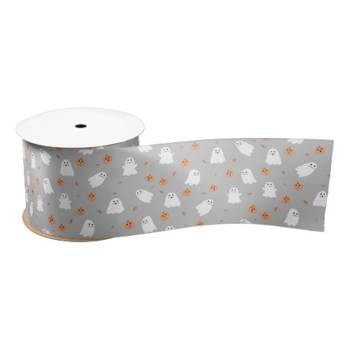 Cute Ghost  Pumpkin Gray Halloween Pattern Satin Ribbon