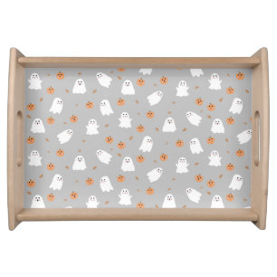 Cute Ghost & Pumpkin Gray Halloween Pattern Serving Tray