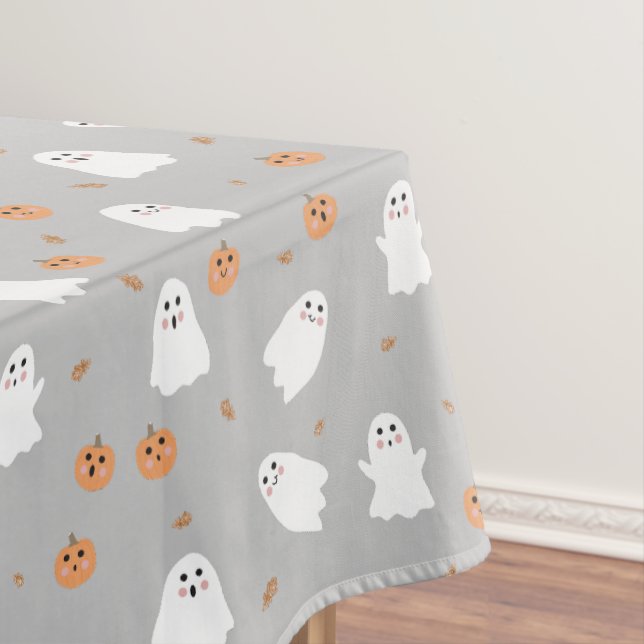 Cute Ghost & Pumpkin Gray Halloween Pattern Tablecloth (In Situ)