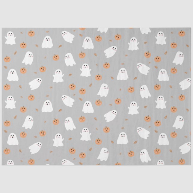 Cute Ghost & Pumpkin Gray Halloween Pattern Tissue Paper (Front)