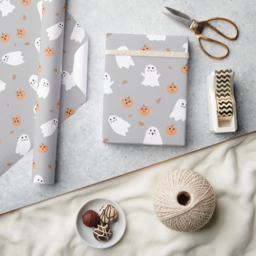 Cute Ghost  Pumpkin Gray Halloween Pattern Wrapping Paper