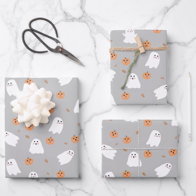 Cute Ghost & Pumpkin Gray Halloween Pattern Wrapping Paper Sheets (Front)