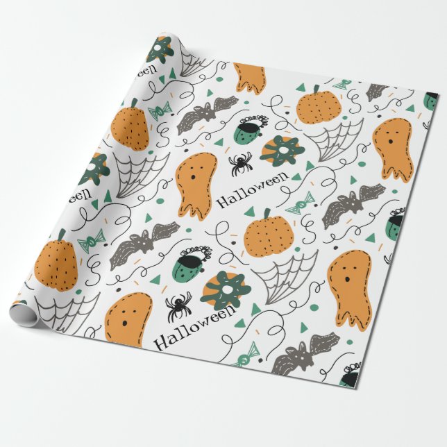 Cute Ghost Pumpkin Halloween Doodles Illustrations Wrapping Paper (Unrolled)