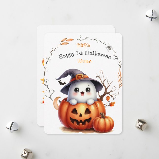 Cute Ghost Pumpkin Halloween Holiday Card (Front/Back In Situ)