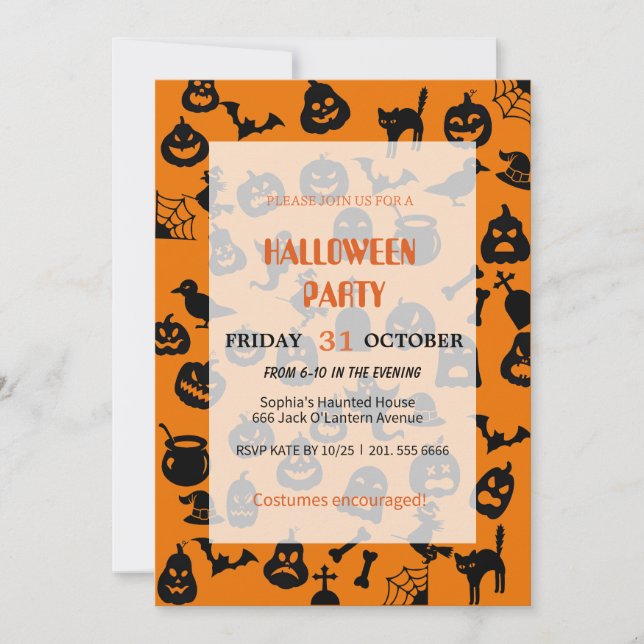 Cute Ghost & Pumpkin Halloween Invitation (Front)