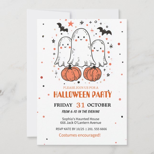 Cute Ghost & Pumpkin Halloween Invitation (Front)