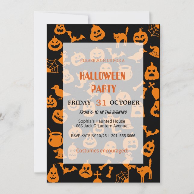 Cute Ghost & Pumpkin Halloween Invitation (Front)