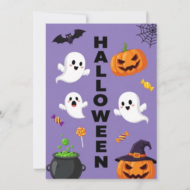 Cute Ghost & Pumpkin Halloween Invitation (Front)
