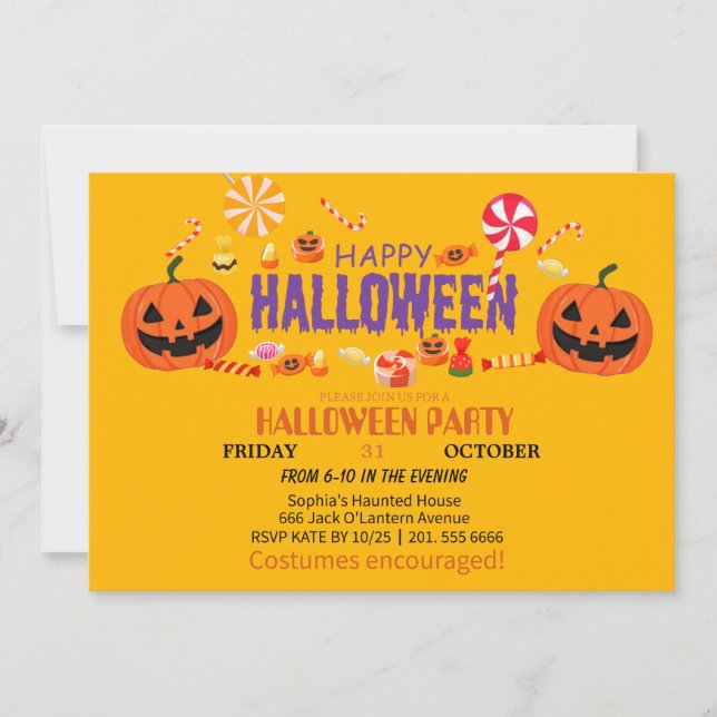 Cute Ghost & Pumpkin Halloween Invitation (Front)