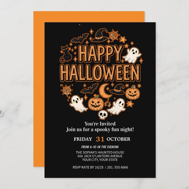 Cute Ghost & Pumpkin Halloween Party Invitation (Front/Back)