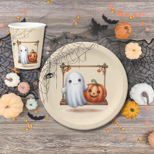 Cute Ghost Pumpkin Halloween Party Paper Plates