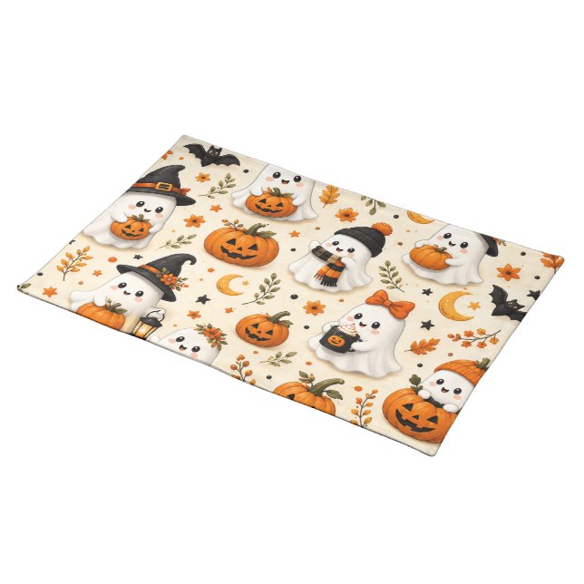 Cute Ghost & Pumpkin Halloween Pattern Cloth Placemat (On Table)