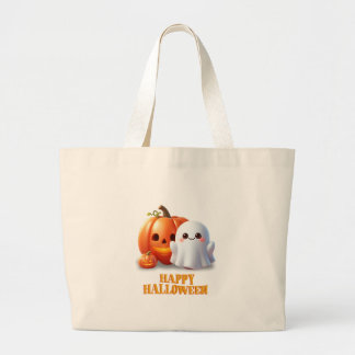 Cute Ghost & Pumpkin Happy Halloween  Large Tote Bag