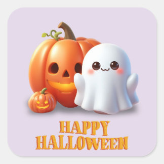 Cute Ghost & Pumpkin Happy Halloween Square Sticke Sticker