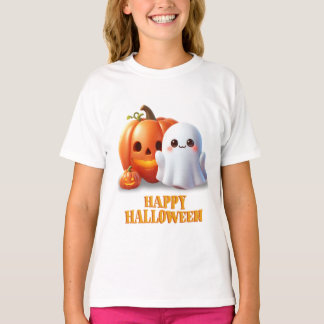 Cute Ghost & Pumpkin Happy Halloween  T-Shirt