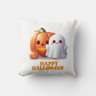Cute Ghost & Pumpkin Happy Halloween  Throw Pillow