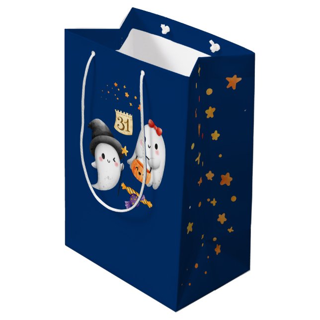 Cute Ghost Pumpkin Kids Boo Halloween Gift Wrap Medium Gift Bag (Back Angled)
