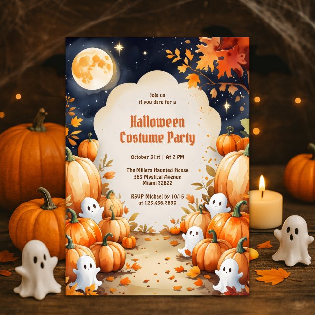 Cute Ghost & Pumpkin Kids Halloween Costume Party Invitation (Cute Ghost & Pumpkin Kids Halloween Costume Party Invitation Spooky-Cute Full Moon Night)