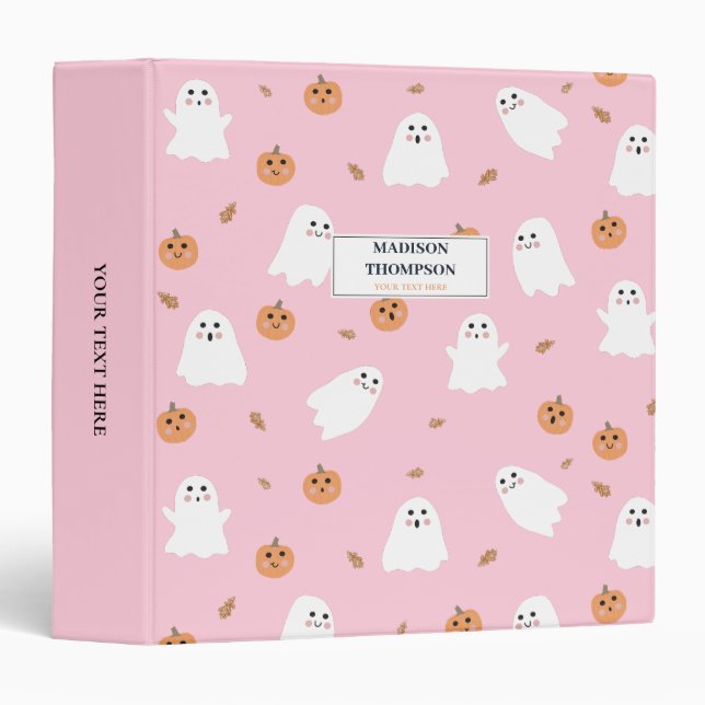 Cute Ghost & Pumpkin Pink Halloween Pattern 3 Ring Binder (Front/Spine)