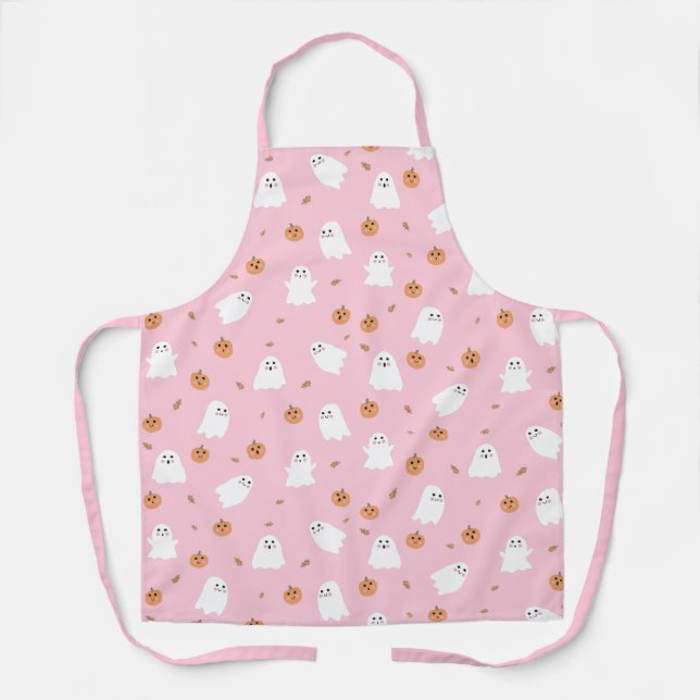 Cute Ghost & Pumpkin Pink Halloween Pattern Apron (Front)
