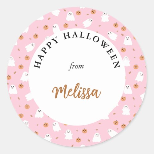 Cute Ghost  Pumpkin Pink Halloween Pattern Classic Round Sticker