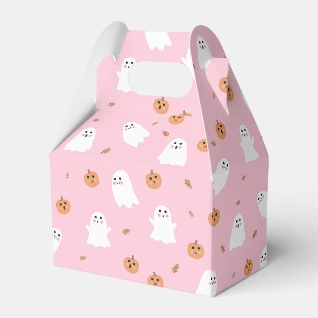 Cute Ghost & Pumpkin Pink Halloween Pattern Favor Boxes (Front Side)