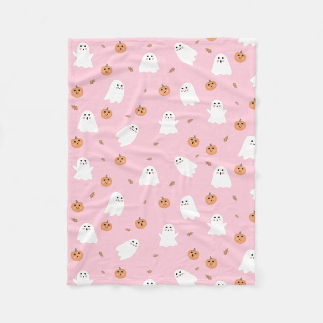 Cute Ghost & Pumpkin Pink Halloween Pattern Fleece Blanket (Front)