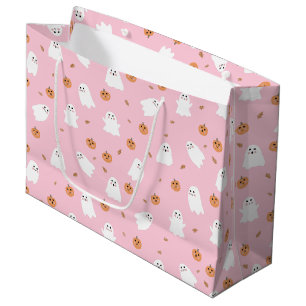 Cute Ghost & Pumpkin Pink Halloween Pattern Large Gift Bag