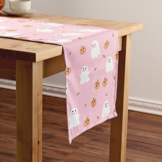 Cute Ghost & Pumpkin Pink Halloween Pattern Long Table Runner (In Situ)