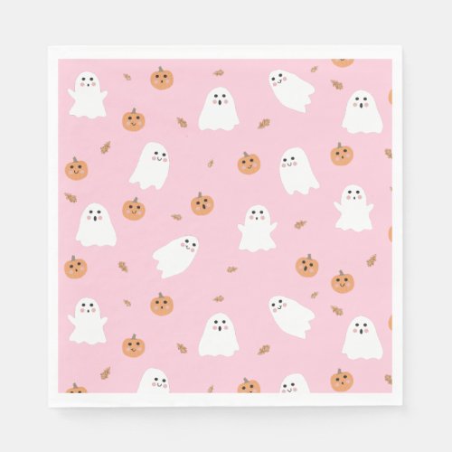 Cute Ghost  Pumpkin Pink Halloween Pattern Napkins