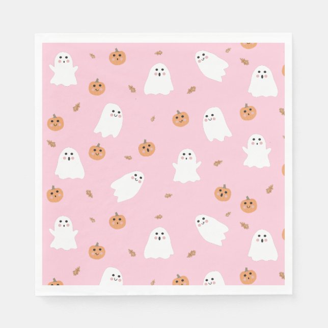 Cute Ghost & Pumpkin Pink Halloween Pattern Napkins (Front)