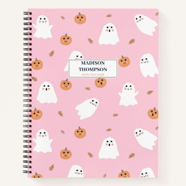 Cute Ghost & Pumpkin Pink Halloween Pattern Notebook (Front)