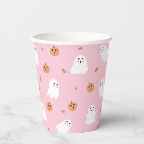 Cute Ghost  Pumpkin Pink Halloween Pattern Paper Cups