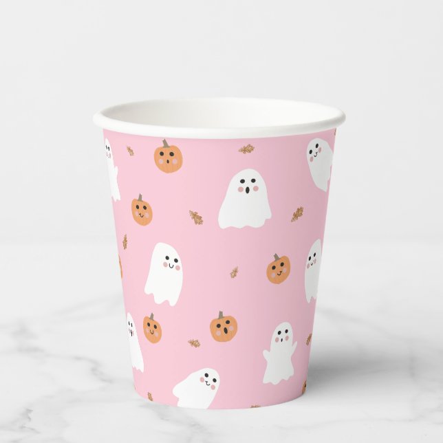 Cute Ghost & Pumpkin Pink Halloween Pattern Paper Cups (Front)