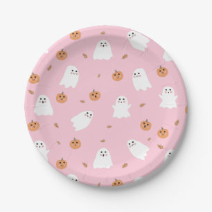 Cute Ghost & Pumpkin Pink Halloween Pattern Paper Plates
